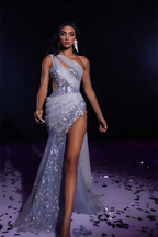 Robe de bal sirène asymétrique glamour à perles et fente en dentelle