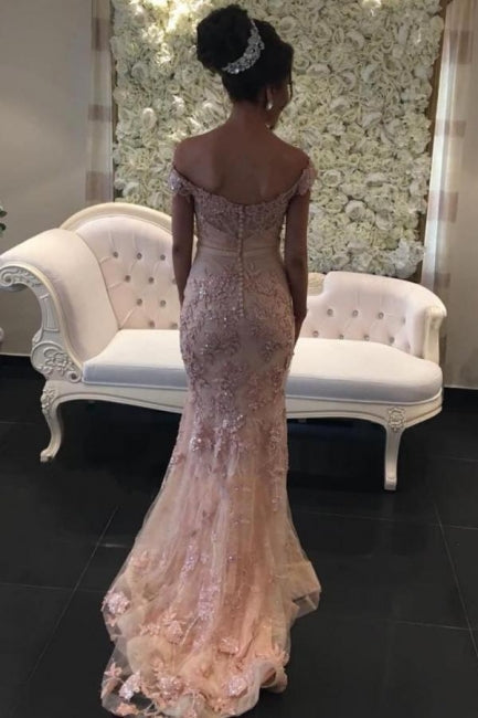 Vestidos de fiesta rosas glamurosos con hombros descubiertos, vestidos de noche de sirena con encaje brillante