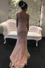 Vestidos de fiesta rosas glamurosos con hombros descubiertos, vestidos de noche de sirena con encaje brillante