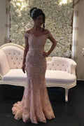 Vestidos de fiesta rosas glamurosos con hombros descubiertos, vestidos de noche de sirena con encaje brillante