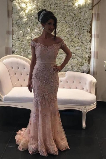 Vestidos de fiesta rosas glamurosos con hombros descubiertos, vestidos de noche de sirena con encaje brillante