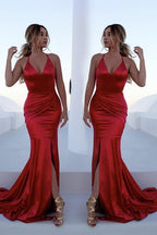 Glamorous Red Halter Chic Lace Up Prom Dresses Sleeveless Ruffles Chic Mermaid Split Evening Dresses