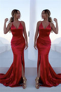Glamorous Red Halter Chic Lace Up Prom Dresses Sleeveless Ruffles Chic Mermaid Split Evening Dresses