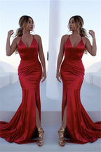 Glamorous Red Halter Chic Lace Up Prom Dresses Sleeveless Ruffles Chic Mermaid Split Evening Dresses