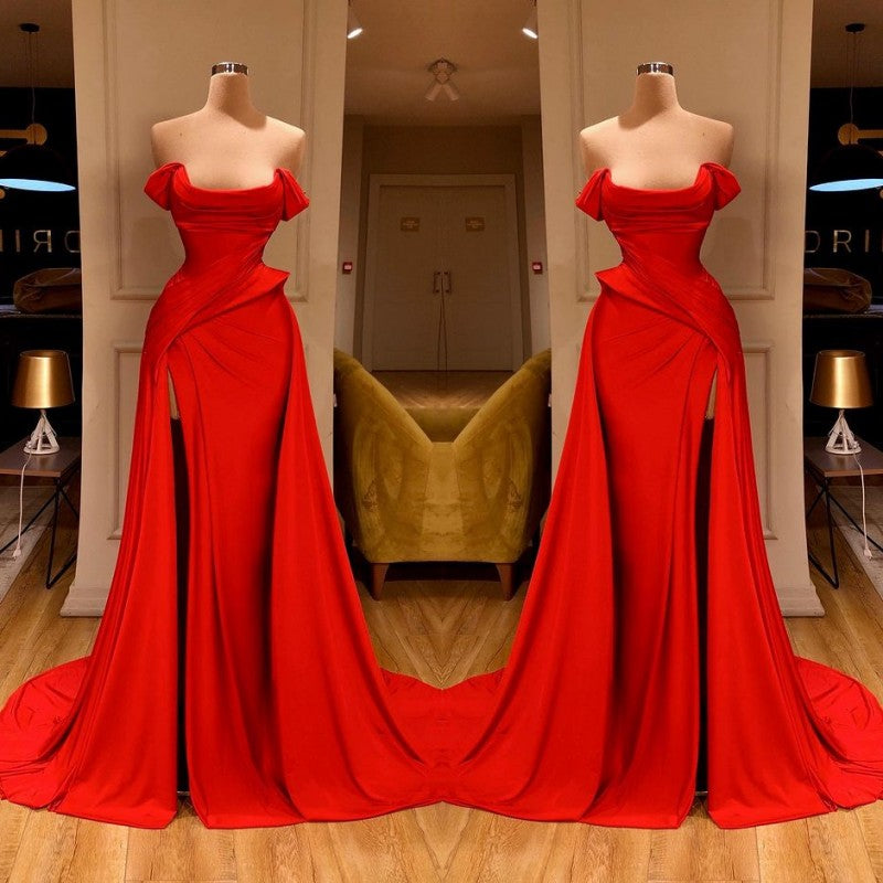 Robe de bal longue rouge glamour avec fente, épaules dénudées, en solde
