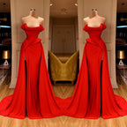 Robe de bal longue rouge glamour avec fente, épaules dénudées, en solde