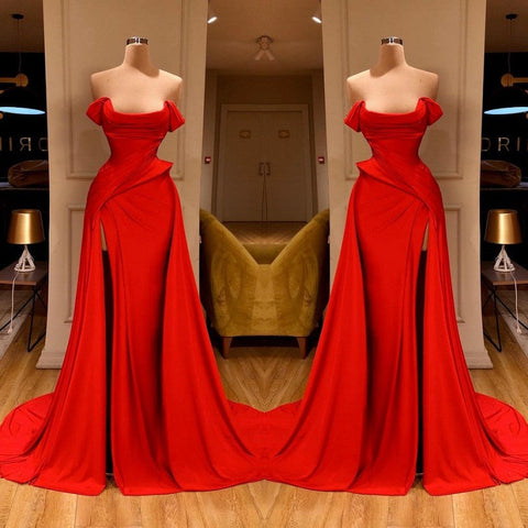Robe de bal longue rouge glamour avec fente, épaules dénudées, en solde