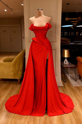 Robe de bal longue rouge glamour avec fente, épaules dénudées, en solde