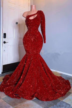 Robe de bal sirène rouge glamour à manches longues et une épaule à paillettes