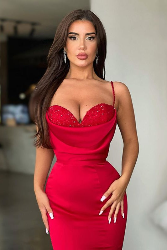 Robe de bal sirène rouge glamour longue à fines bretelles en solde
