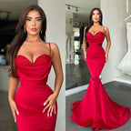 Robe de bal sirène rouge glamour longue à fines bretelles en solde