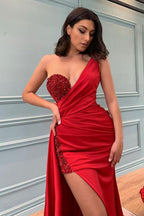 Glamorous Red Slit Prom Dress Long With Sequins Beadings One Shoulder