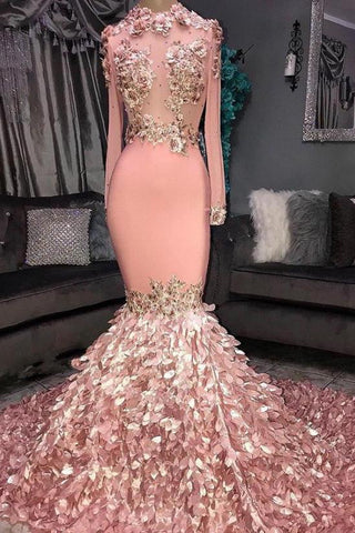 Glamorous Round Neck Flower Long Sleeves Sequins Mermaid Prom Dresses