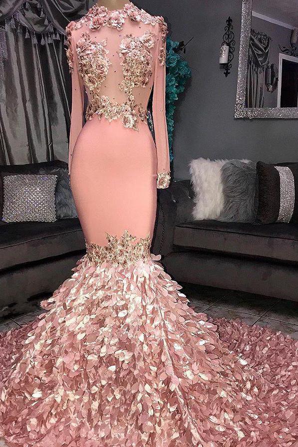 Glamorous Round Neck Flower Long Sleeves Sequins Mermaid Prom Dresses