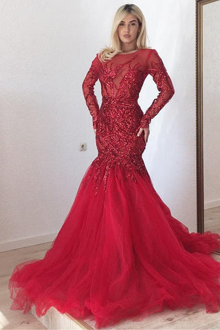 Glamorous Scarlet Long Sleeves Mermaid Prom Dresses Gorgeous Sequins Fit and Flare Formal Dresses
