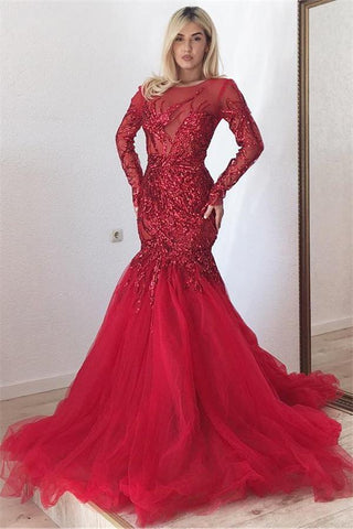 Glamorous Scarlet Long Sleeves Mermaid Prom Dresses Gorgeous Sequins Fit and Flare Formal Dresses