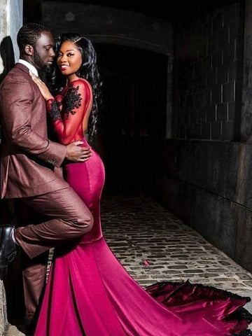 Vestidos de fiesta largos de sirena con apliques, mangas largas y escote redondo, estilo sirena, de tul y con un toque glamuroso.