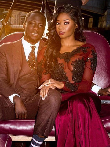 Vestidos de fiesta largos de sirena con apliques, mangas largas y escote redondo, estilo sirena, de tul y con un toque glamuroso.