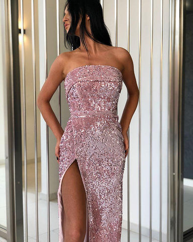 Glamorous Sheath Strapless Sequins Prom Dresses