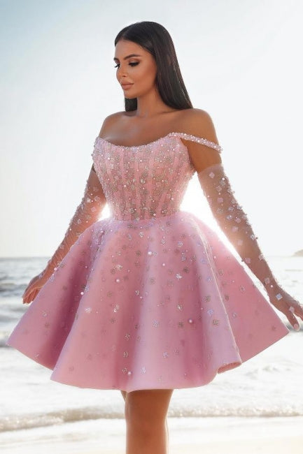 Robe de cocktail courte rose glamour, robe de bal pailletée à épaules dénudées avec dentelle