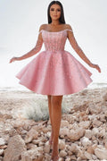 Robe de cocktail courte rose glamour, robe de bal pailletée à épaules dénudées avec dentelle