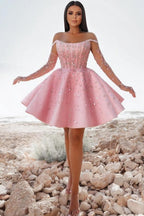 Robe de cocktail courte rose glamour, robe de bal pailletée à épaules dénudées avec dentelle