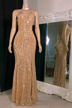 Glamuroso vestido largo de sirena sin mangas con tirantes finos para baile de graduación
