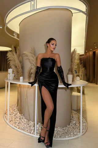 Robe de soirée sirène glamour sans bretelles en satin à volants