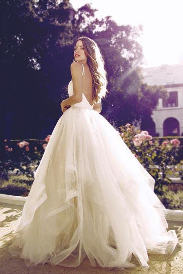 Vestidos de novia de tul color marfil con espalda descubierta y tirantes glamurosos WD124