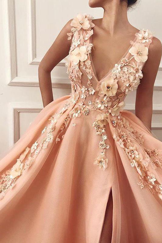 Glamorous Straps V-Neck Flower Appliques A-Line Formal Dresses