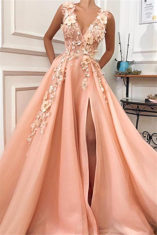 Glamorous Straps V-Neck Flower Appliques A-Line Formal Dresses