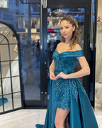 Glamorous Sweetheart Off-the-Shoulder Sheath Ribbon Evening Party Gowns with Appliques