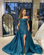 Glamorous Sweetheart Off-the-Shoulder Sheath Ribbon Evening Party Gowns with Appliques