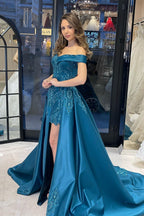 Glamorous Sweetheart Off-the-Shoulder Sheath Ribbon Evening Party Gowns with Appliques