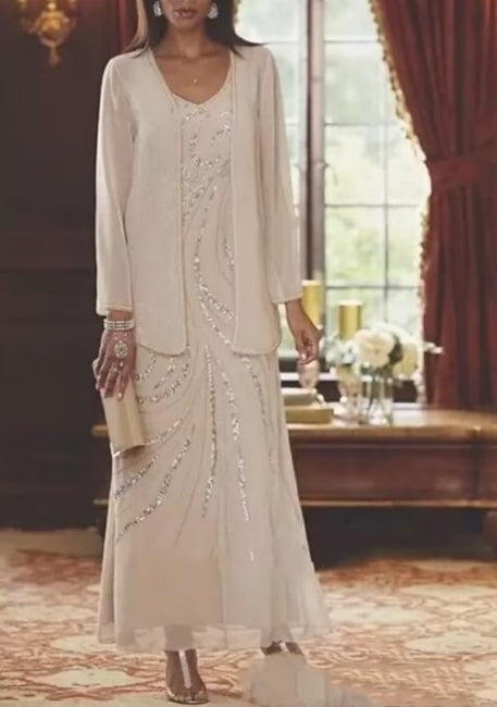 Vestido de mamá glamuroso, de corte en A, con escote en V, manga larga y lentejuelas.