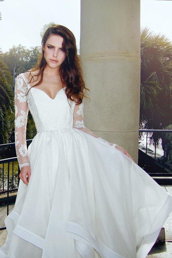 Vestidos de novia glamurosos con escote en V, mangas largas y encaje de organza WD125
