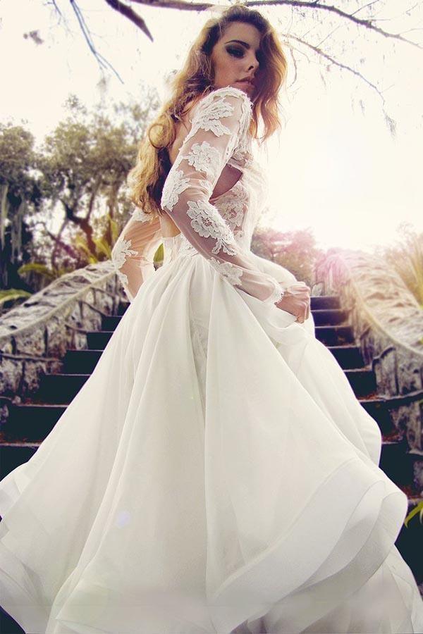 Vestidos de novia glamurosos con escote en V, mangas largas y encaje de organza WD125