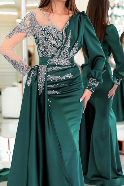 Glamorous V-neck Long Sleeves Mermaid Evening Party Gowns With Ruffles Long