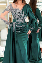 Glamorous V-neck Long Sleeves Mermaid Evening Party Gowns With Ruffles Long
