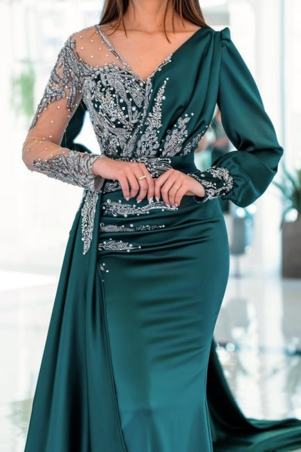 Robes de soirée sirène glamour à manches longues et col en V avec volants
