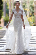 Robe de mariée sirène glamour à col en V, manches longues et applications en dentelle