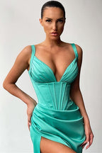 Glamorous V-neck Mermaid Ruched Long Prom Dress High-split