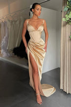 Glamorous V-neck Mermaid Ruched Long Prom Dress High-split
