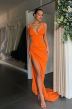 Glamorous V-neck Mermaid Ruched Long Prom Dress High-split