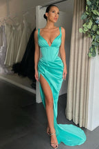 Glamorous V-neck Mermaid Ruched Long Prom Dress High-split