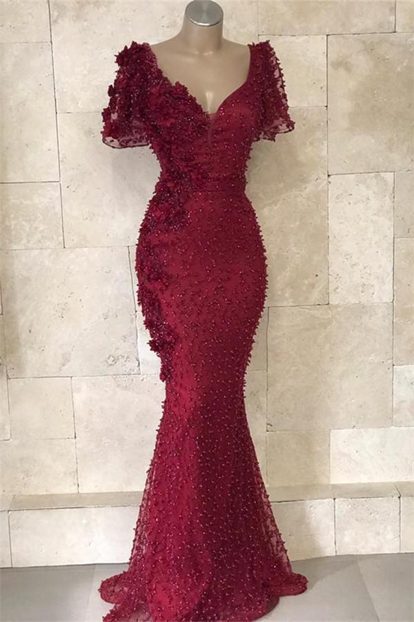 Glamorous V-Neck Short Sleeves Beading Flower Mermaid Floor-Length Prom Dresses