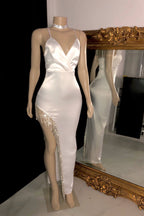 Robe de bal sirène glamour à bretelles spaghetti et décolleté en V, sans manches
