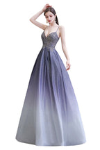 Vestido de fiesta glamuroso de tirantes finos con efecto degradado morado y corte en A