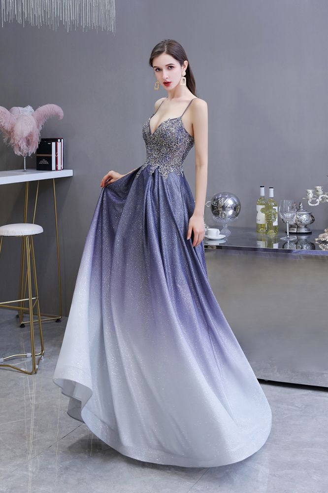 Vestido de fiesta glamuroso de tirantes finos con efecto degradado morado y corte en A