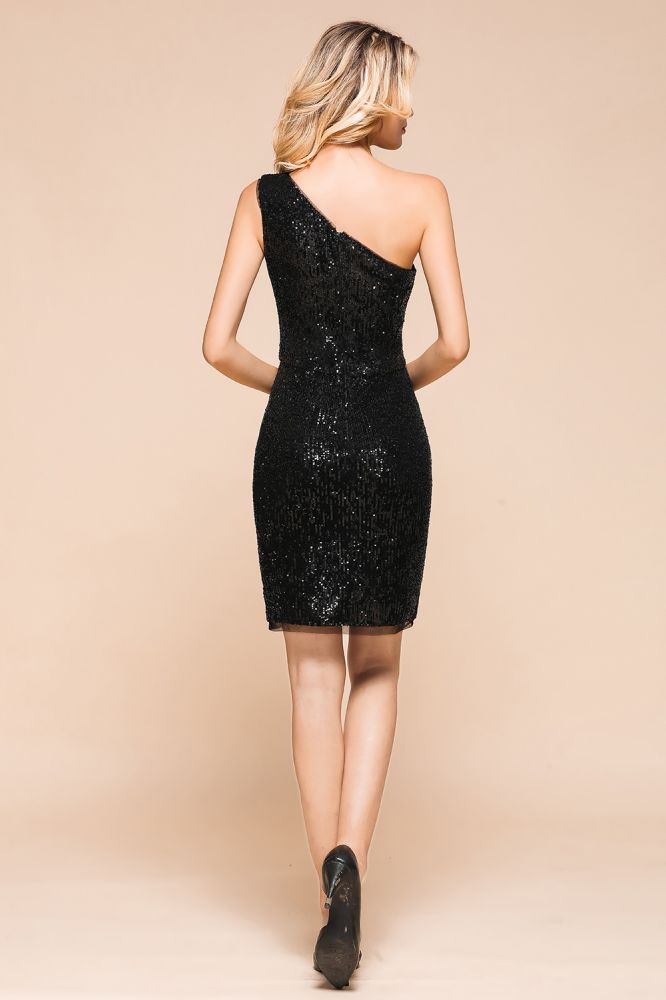 Robe de soirée courte mini à paillettes noires asymétriques, ornée de sequins.